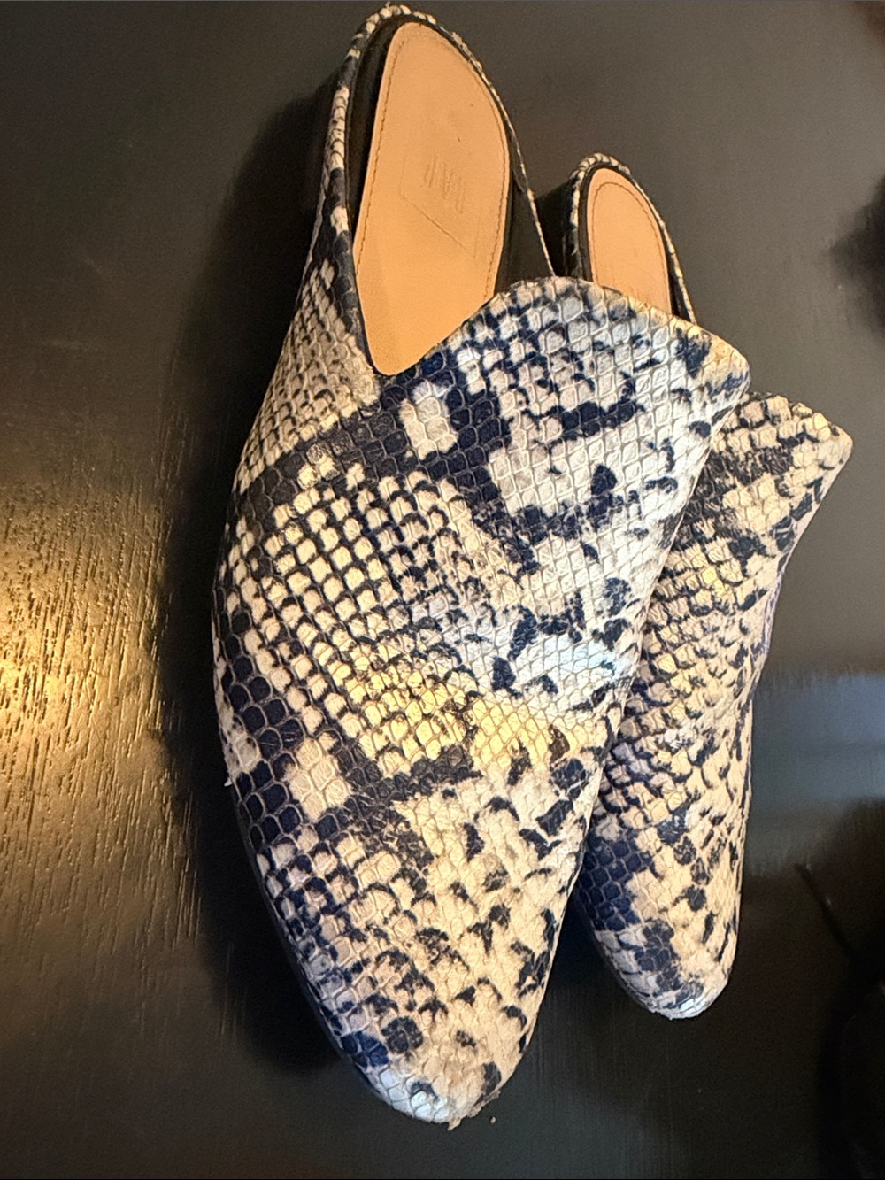 GAP Snake-Print Slip-On Mules in Beige and Black